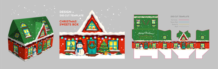 Bright Vector Design and Die-Cut Box Layout for Christmas Sweets. Vector illustration