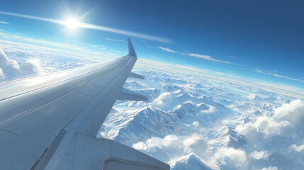Travel Above Snow-Capped Mountains With Bright Sun Shining on the Wing of an Airplane During a Clear Day in the Sky