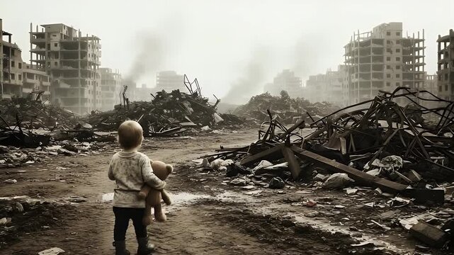 A poignant scene of a young child navigating a desolate, war-torn cityscape, clinging to a teddy bear, evoking feelings of resilience and tragedy