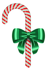 Red and white striped candy cane with bow. Realistic candy cane. Sweet stick for new year. Decoration sugar lollipop