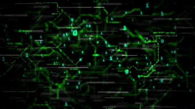 Abstract green circuit board with binary code for cybersecurity and technology concept. Futuristic featuring a digital data pattern and light lines for a cyberspace communication network backdrop