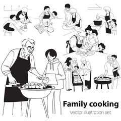 Family cooking together line vector minimalistic art. Vector illustration