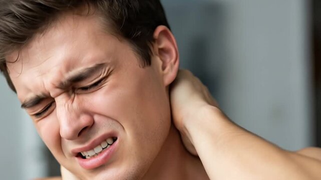 Close-up of distressed young man suffering acute neck pain