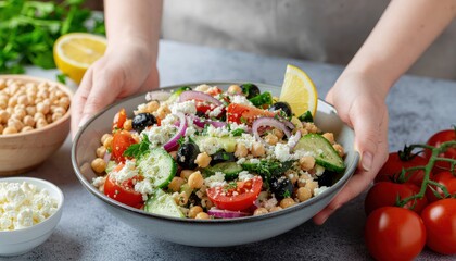 Hands present colorful Greek salad bowl on gray table. Salad with tomatoes, cucumbers, olives, feta, and chickpeas. Healthy lunch concept.