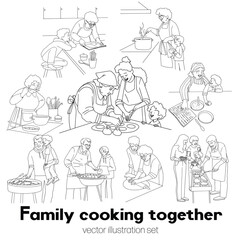Family cooking together line vector minimalistic art. Vector illustration
