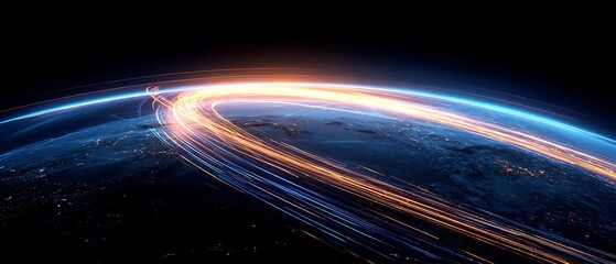 planet earth from space, glowing global data lines wrapping around the world, digital payment network visualization