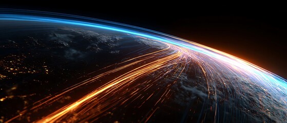 planet earth from space, glowing global data lines wrapping around the world, digital payment network visualization