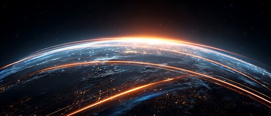 planet earth from space, glowing global data lines wrapping around the world, digital payment network visualization