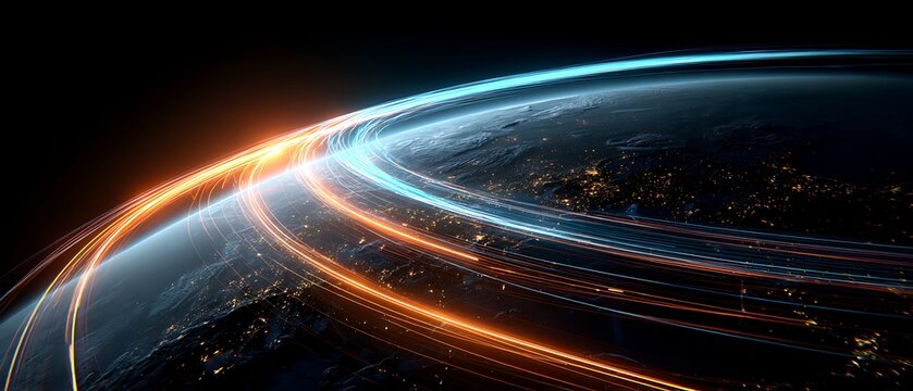 planet earth from space, glowing global data lines wrapping around the world, digital payment network visualization - Powered by Adobe