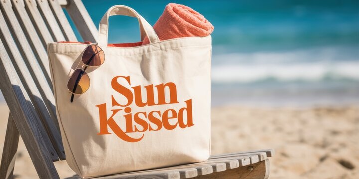Sun kissed beach tote bag on lounge chair with sunglasses and towel on sandy shore against turquoise ocean summer vacation concept