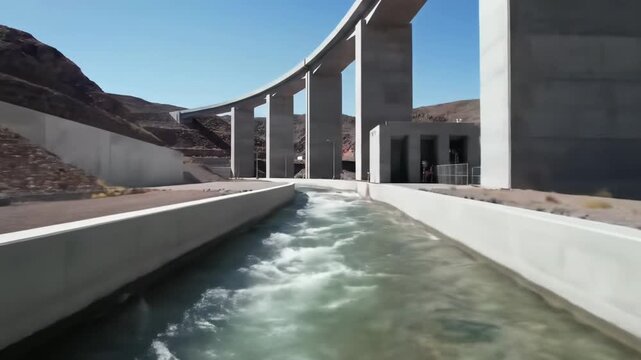 Smooth drone video tracks a modern concrete water channel with crystal clear water flowing through a sun-baked arid landscape. Industrial aqueducts span ravines, illuminated by warm daylight, shallow