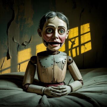 Creepy vintage ventriloquist dummy on bed in dark abandoned room with eerie window light horror atmosphere and cinematic shadows