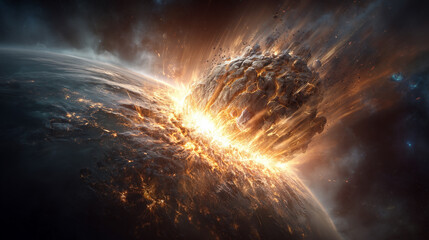 Giant asteroid colliding with Earth, causing explosive impact, fire, smoke, and massive destruction, illustrating a dramatic apocalyptic space event.