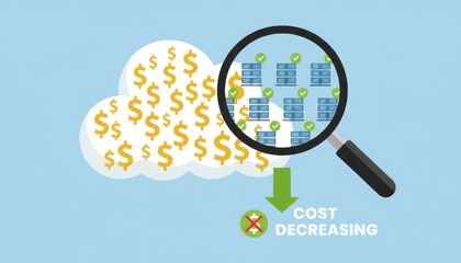 Vector cloud services cost decreasing with dollar signs. Magnifying glass examining stacks. Business, finance, data analysis, icon, modern design.