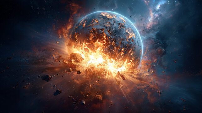 Giant asteroid colliding with Earth, causing explosive impact, fire, smoke, and massive destruction, illustrating a dramatic apocalyptic space event.