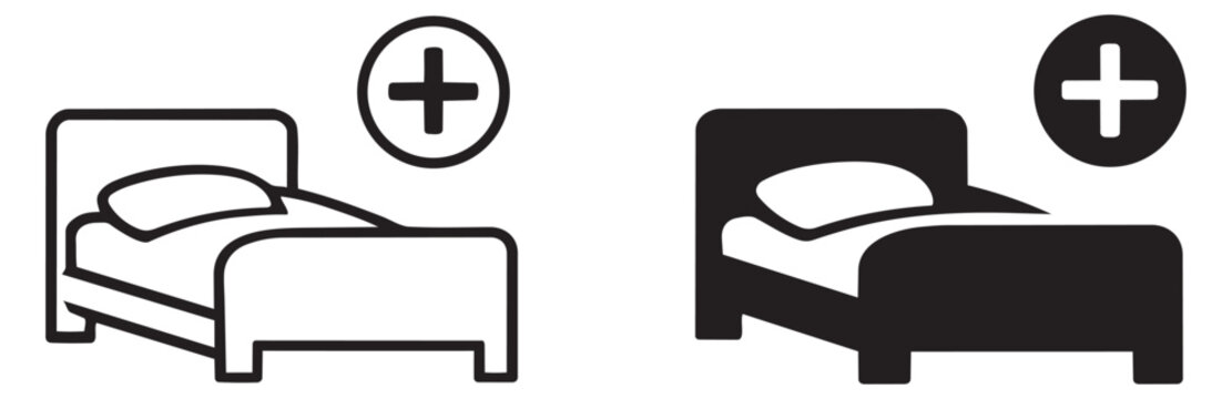 Line art and solid icon set featuring a bed and a medical cross for medical services