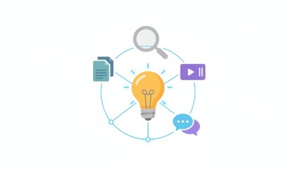 Concept idea lightbulb, creative process, digital, search, file, video, communication. Modern flat vector design, bright future symbol icon.