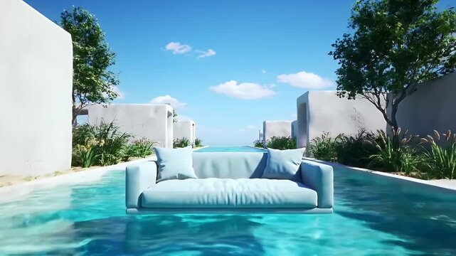 Bright Mediterranean-Style Backyard Pool Scene with White Walls, Blue Sky, and Floating Lounge