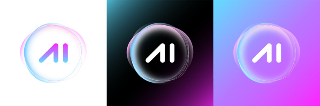 AI tech logo with abstract digital circle and glowing sphere. Gradient lines and neon energy. Automation business analytics cyber UI button and virtual technology system. Future modern design symbol