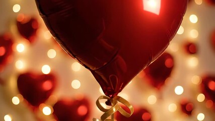 A vibrant red heartshaped foil balloon symbolizing love and romance stands prominently against a dreamy blurred background of warm sparkling bokeh lights creating a magical and festive atmosphere per.