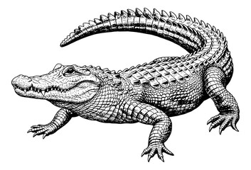 Fototapeta premium Detailed Alligator Full Body Side View Realistic Powerful Black and White Engraving Style Line Art Drawing