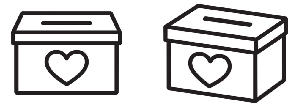 Line art donation box set featuring a heart symbol and a slot for charity and giving