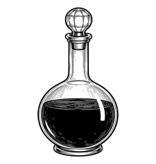 Classic Engraving Style Illustration of a Glass Decanter Bottle with a Stopper and Dark Liquid