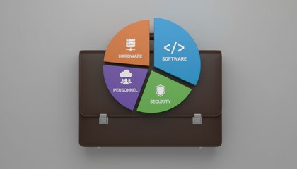 Tech Briefcase Software, Security, Personnel  Hardware sectors represented in modern pie chart. Business opportunity concept and design metaphor.