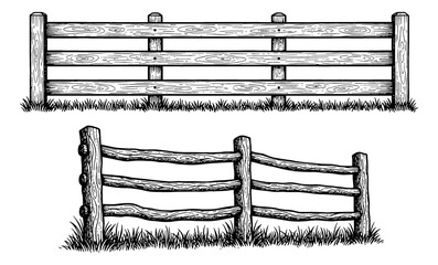 Two styles of wooden fences with grass at base in a vintage detailed black and white engrave illustration