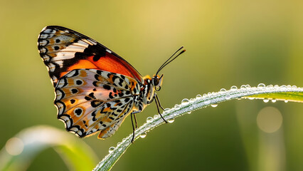 Fototapeta premium Vibrant Butterfly on Dewy Grass, Nature Close-Up, Serene Morning Light