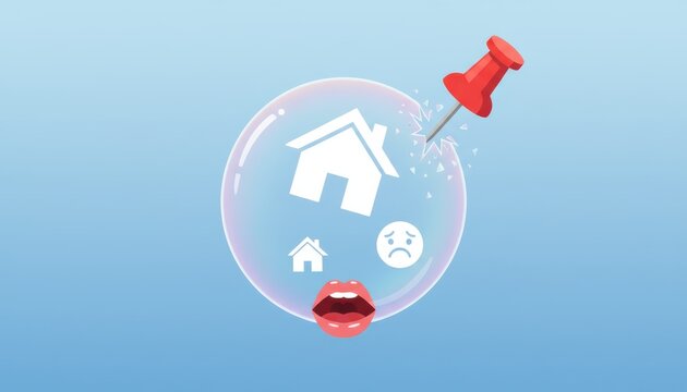 Bubble housing market imploding by pin. Real estate crisis vector graphic, home loan trouble, economic risk, financial collapse. Crisis concept.