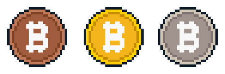 Fototapeta premium 8-bit pixel art bitcoin icon set