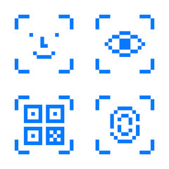 Obraz premium 8-bit pixel art blue biometric icon set