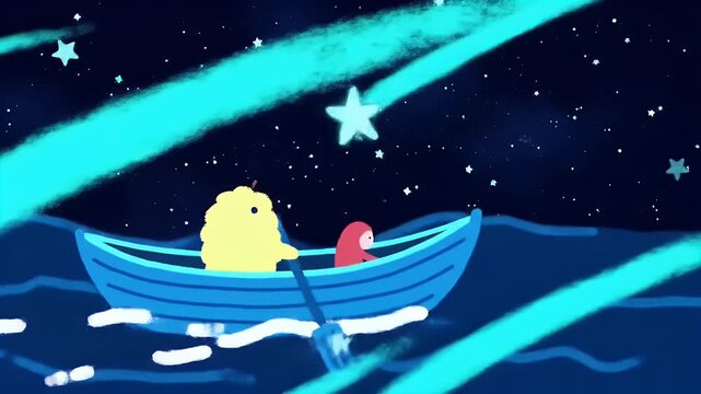 Cheerful yellow chick rowing a small blue boat under a starry night sky and meteor streaks