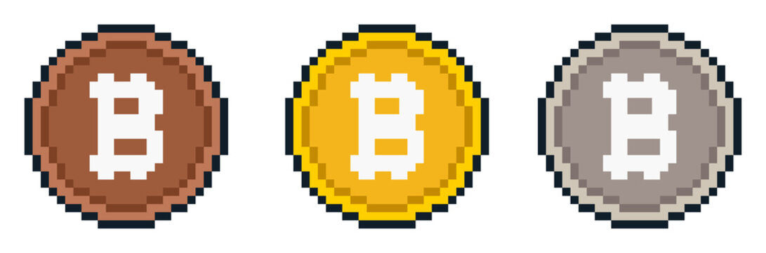 8-bit pixel art bitcoin icon set