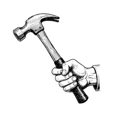 Strong hand firmly holding a metal claw hammer tool in classic black and white engraving style drawing
