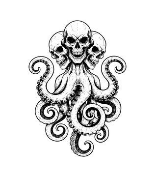 Three Aggressive Skulls with Showing Teeth on an Octopus Body with Many Tentacles Detailed Line Art Drawing