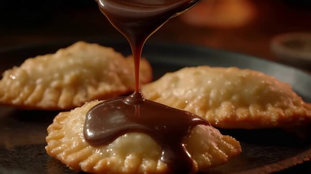 Close up of delectable golden fried turnovers generously topped with chocolate sauce.
