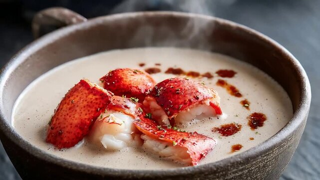 Close up of Steaming Gourmet Lobster Bisque in a Rustic Bowl for Fine Dining.