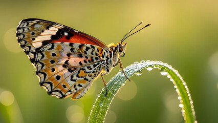 Fototapeta premium Butterfly Landing on Dewy Grass Blade, Nature Photography, Morning Light, Close-Up View, Serene Environment