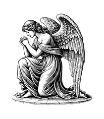 Fototapeta premium Angel kneeling in prayer with a peaceful and devout expression in a detailed black and white illustration