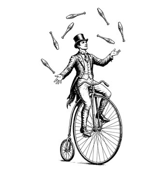 European man riding a vintage high wheel bicycle and juggling several clubs with a focused expression