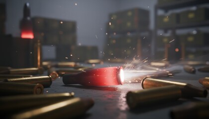 Spent Shells Ejecting Ammunition depot, gunfire, brass casings, crime, danger, dramatic lighting, conflict, war, weaponry, simulated photorealism