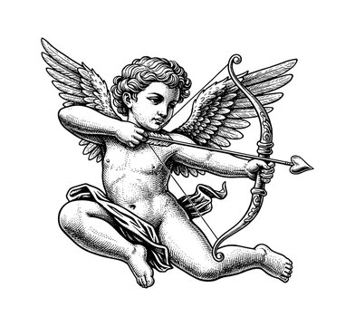 Winged Cupid aiming a bow with a heart arrow in a focused pose classic engraving style