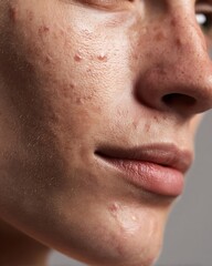 Fototapeta premium Macro image of acne-prone facial skin with visible pores on white background