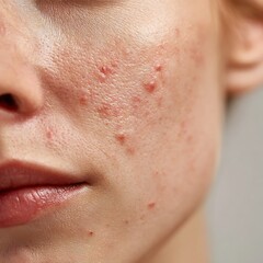 Fototapeta premium Macro image of acne-prone facial skin with visible pores on white background