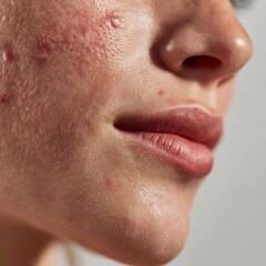 Fototapeta premium Macro image of acne-prone facial skin with visible pores on white background