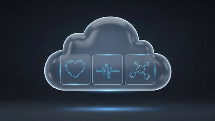 Cloud illustration featuring three glowing icons representing health, heartbeat, and molecular structure, symbolizing digital health technology and innovation in a modern context