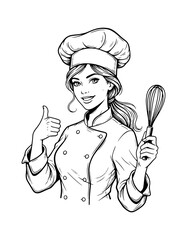 Naklejka premium Happy Caucasian female chef giving thumbs up holding a whisk in professional uniform black and white line art