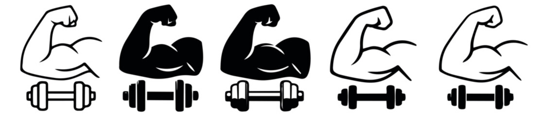 Minimalist gym icon set featuring flexing biceps and dumbbells for strength training and workout designs